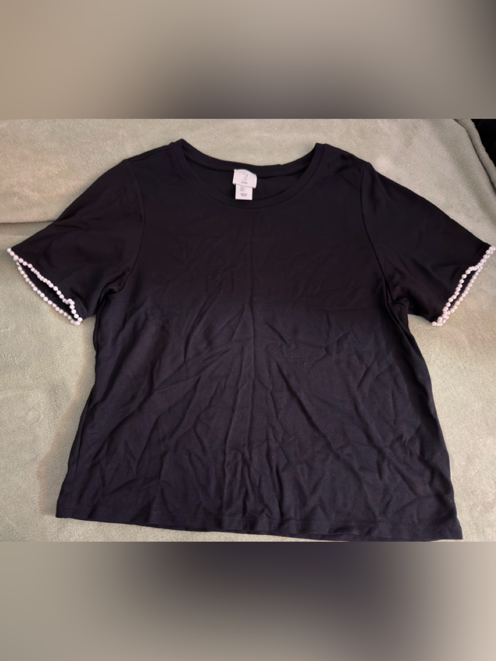 Joie Black Short Sleeve Tee with Pearl-Trim Sleeves